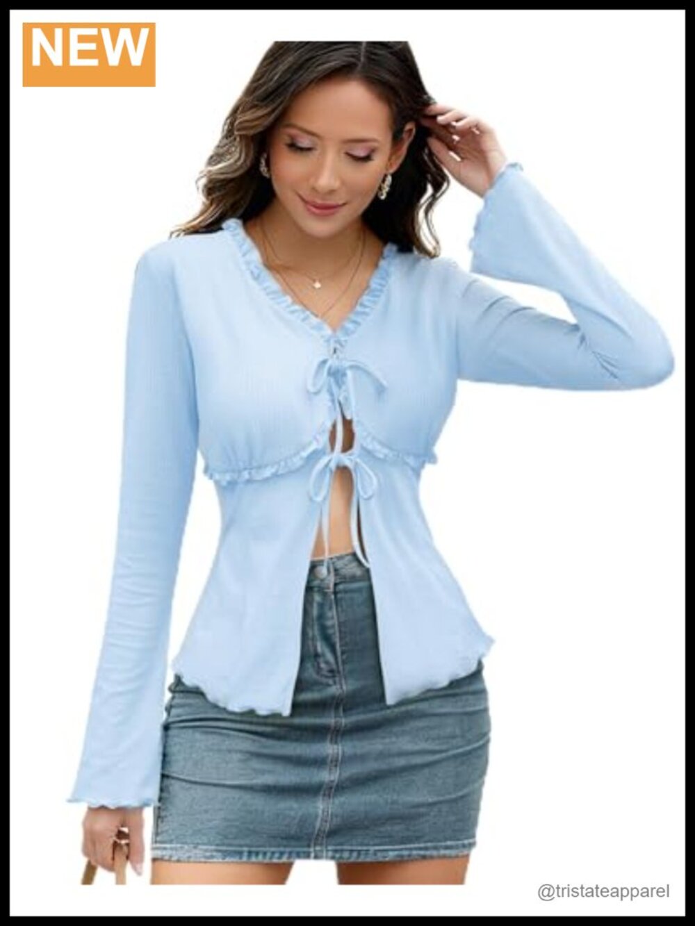 Ribbed Long Bell Sleeve V-Neck Tie Front Ruffle Blouse Cotton
